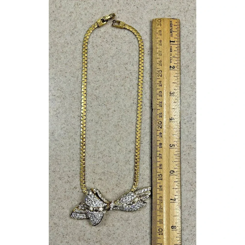 Vintage Style Yellow Gold-Tone Necklace w/Rhinestone Bow